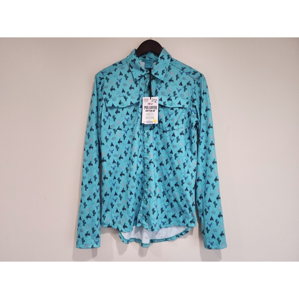 Cowgirl Tuff Company Shirt Mens Medium Turquoise Western Print Stretch Button Up